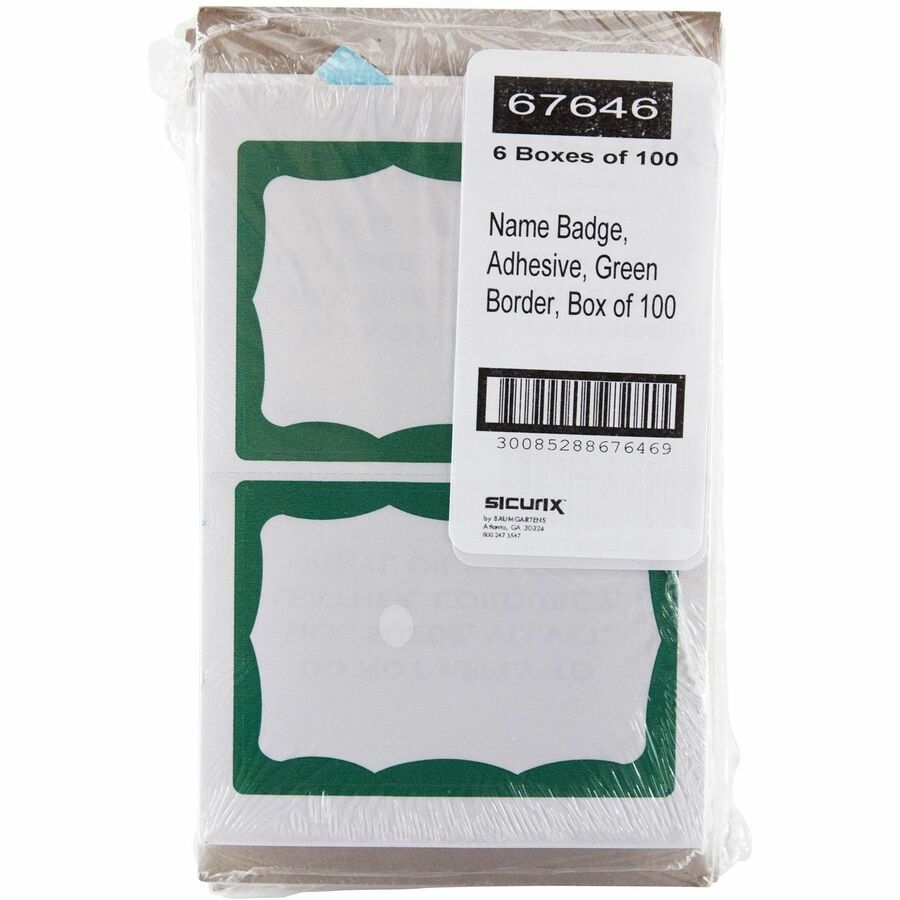 SICURIX Green Border Adhesive Badges 2 Per Sheet 100 Pack White - 3 1/2" Width x 2 1/4" Length - Inkjet, Laser - White - Green Border - Self-adhesive, Removable, Easy Peel - 2 / Sheet - 100 / Box