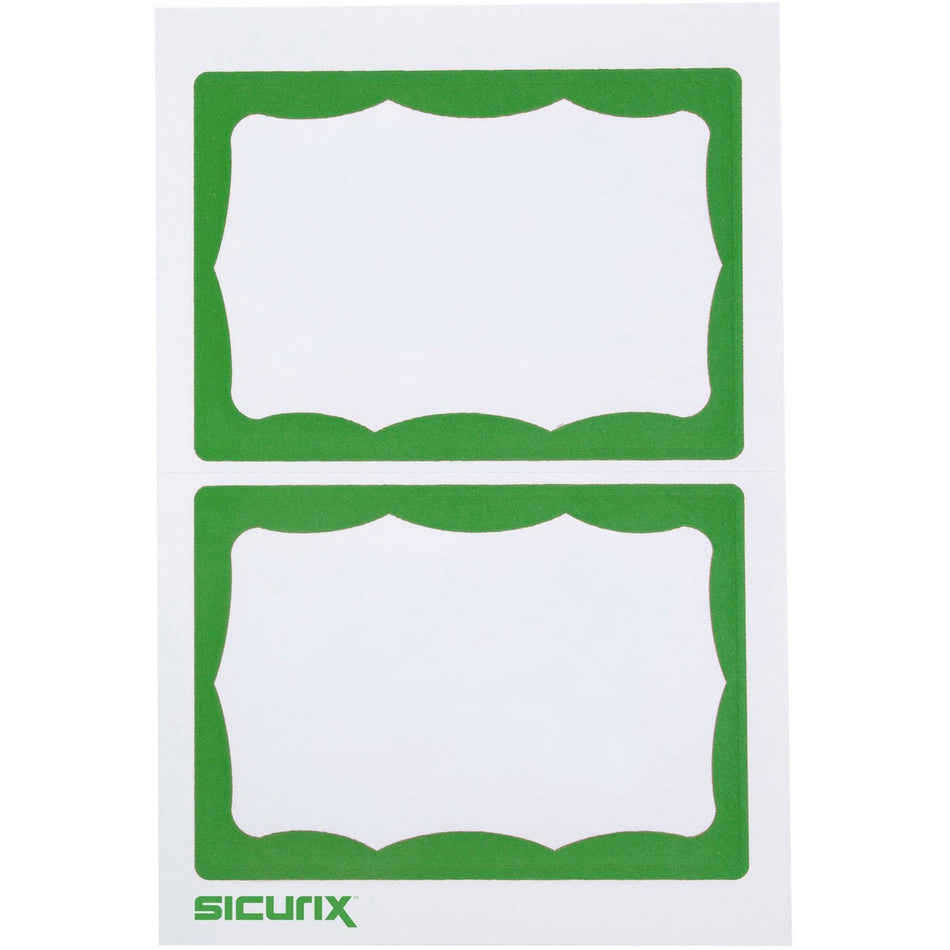 SICURIX Green Border Adhesive Badges 2 Per Sheet 100 Pack White - 3 1/2" Width x 2 1/4" Length - Inkjet, Laser - White - Green Border - Self-adhesive, Removable, Easy Peel - 2 / Sheet - 100 / Box