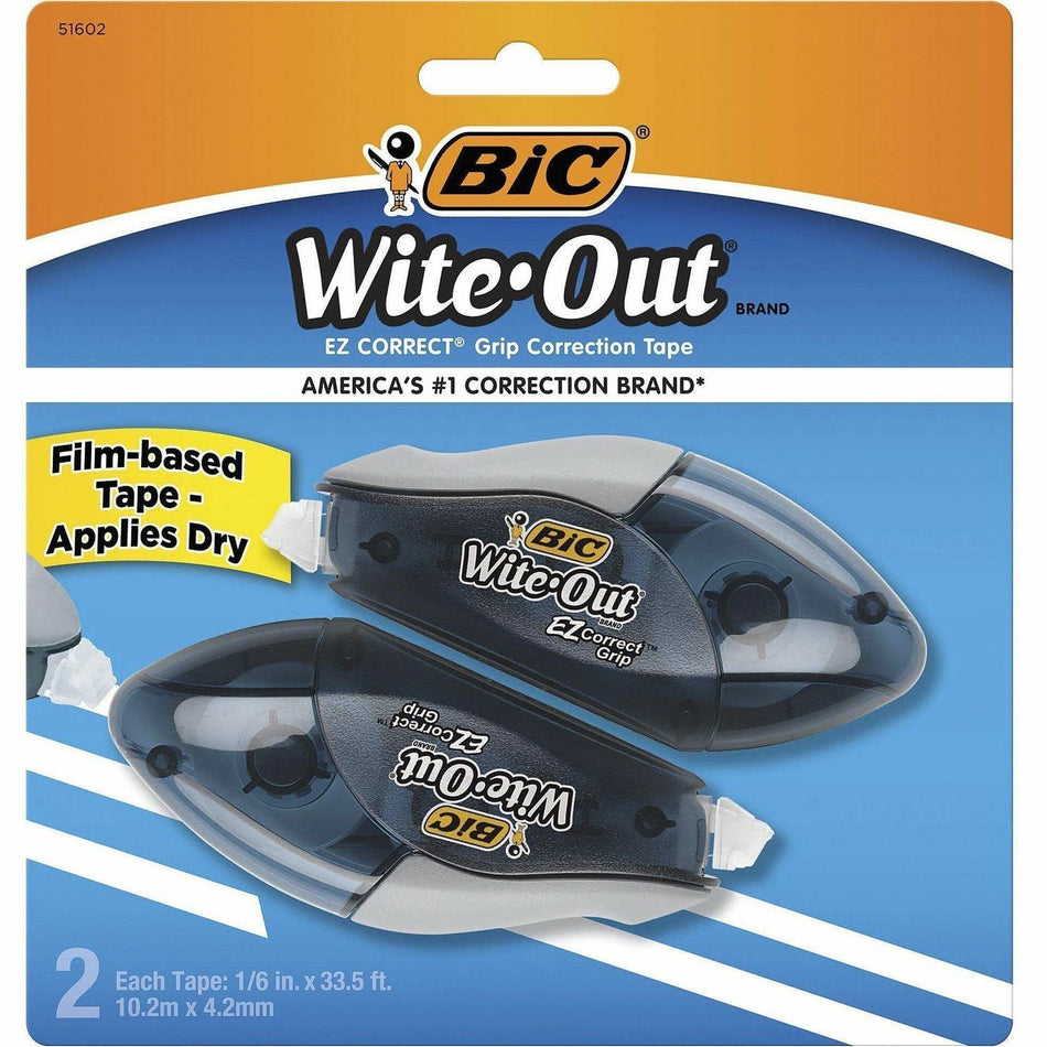 BIC Wite-Out EZ CORRECT Grip Correction Tape - 33.50 ft Tape Length - 1 Line(s) - White Tape - Rubber Grip - White - 2 / Pack