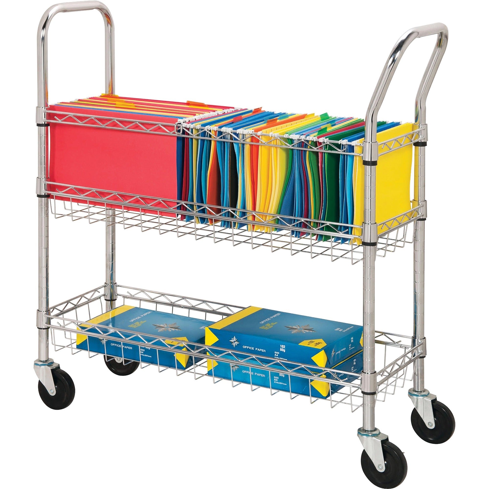 Lorell Mobile Wire Mail Cart - 99.21 lb Load Capacity - 4 Casters - 4" Caster Size - Steel - 34.25" Width x 12.50" Depth x 40" Height - Chrome - 1 Each