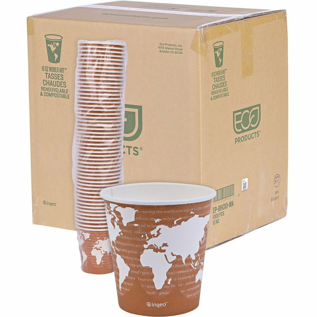 Eco-Products 10 oz World Art Hot Beverage Cups - 10 fl oz - Multi - Paper, Resin - Hot Drink - 50/Pack - 20 / Carton
