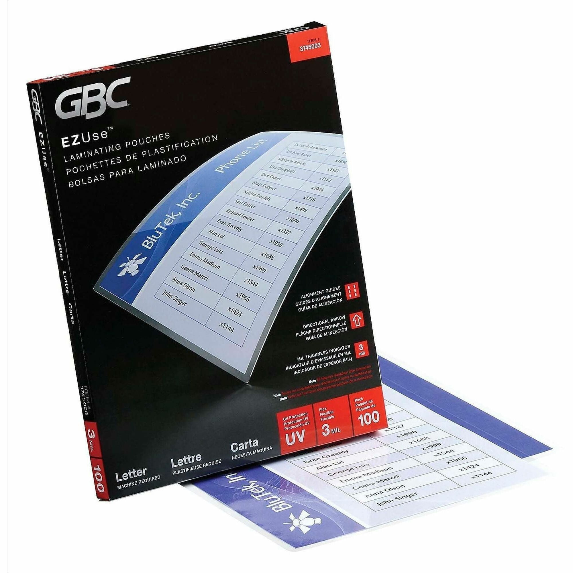 GBC Fusion EZUse Laminating Pouches - Sheet Size Supported: Letter 8.50" Width x 11" Length - Laminating Pouch/Sheet Size: 9" Width x 11.50" Length x 3 mil Thickness - Glossy - for Document - UV Resistant, Durable, Fade Resistant - Clear - 100 / Box
