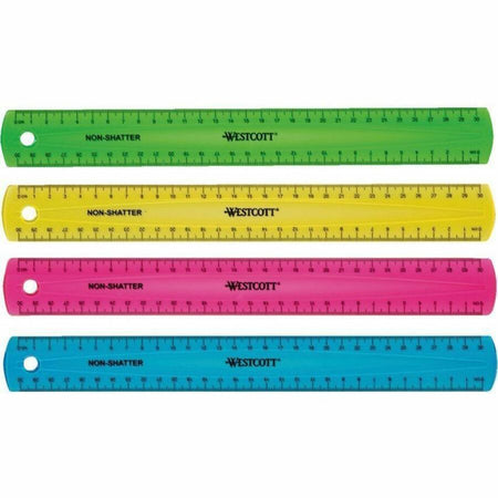 Westcott Shatterproof Ruler - 11.8" Length - 1/16 Graduations - Metric Measuring System - Translucent Assorted - 1 Each