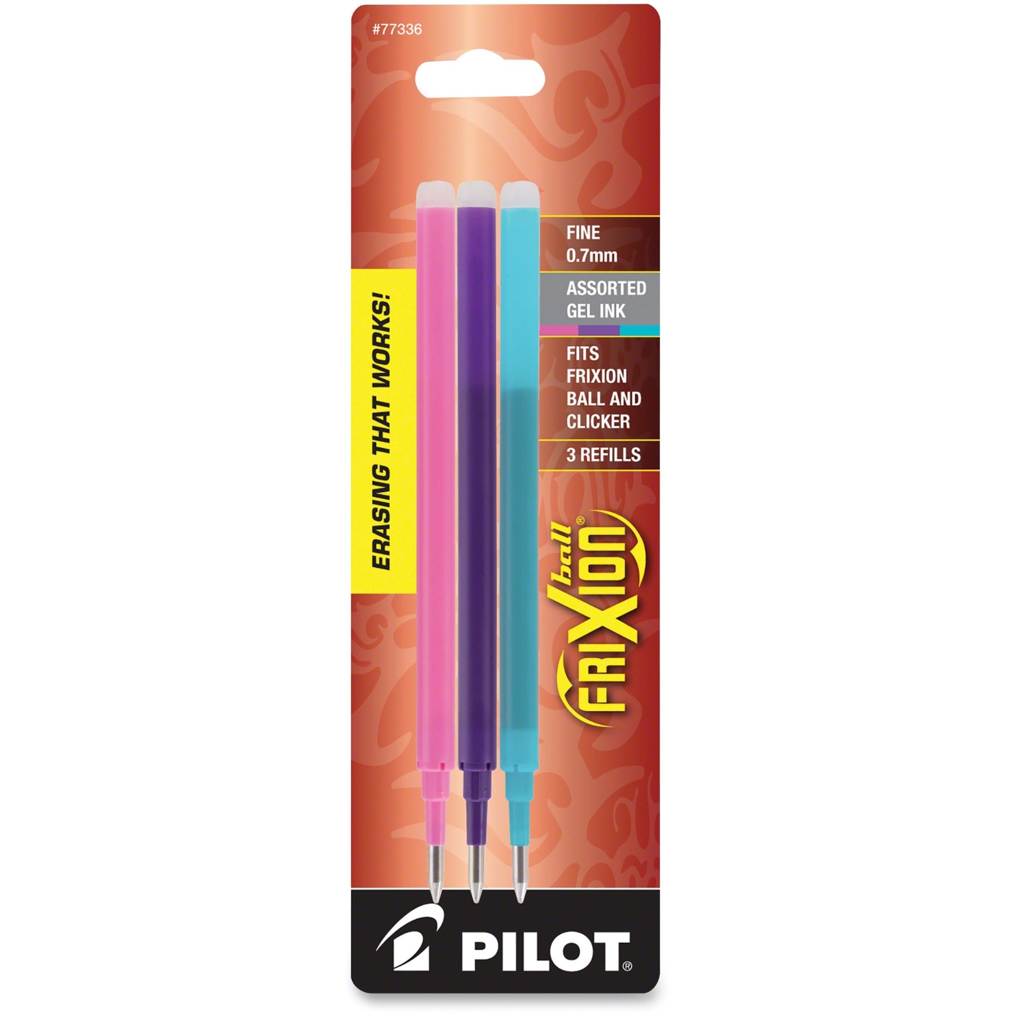 Pilot FriXion Gel Ink Pen Refills - 0.70 mm , Fine Point - Purple, Pink, Turquoise Ink - Wear Resistant, Tear Resistant, Eco-friendly, Smooth Writing - 3 / Pack