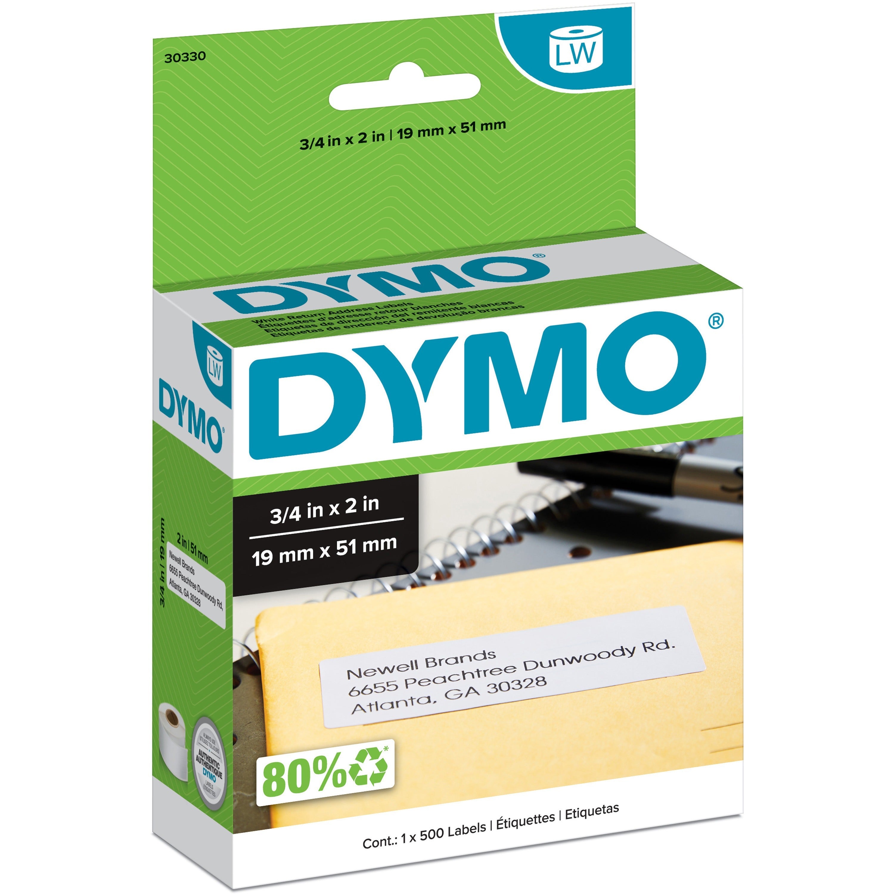 Dymo LW Return Address Labels 3/4" x 2" - 3/4" Width x 2" Length - Rectangle - Direct Thermal - White - 500 / Roll - 500 Total Label(s) - 500 / Roll