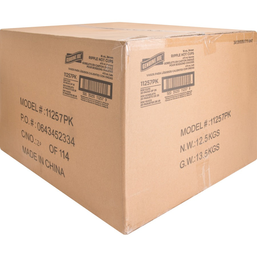 Genuine Joe 16 oz Rippled Hot Cups - fl - Brown - Drink Beverage - 25/Pack - 20 / Carton