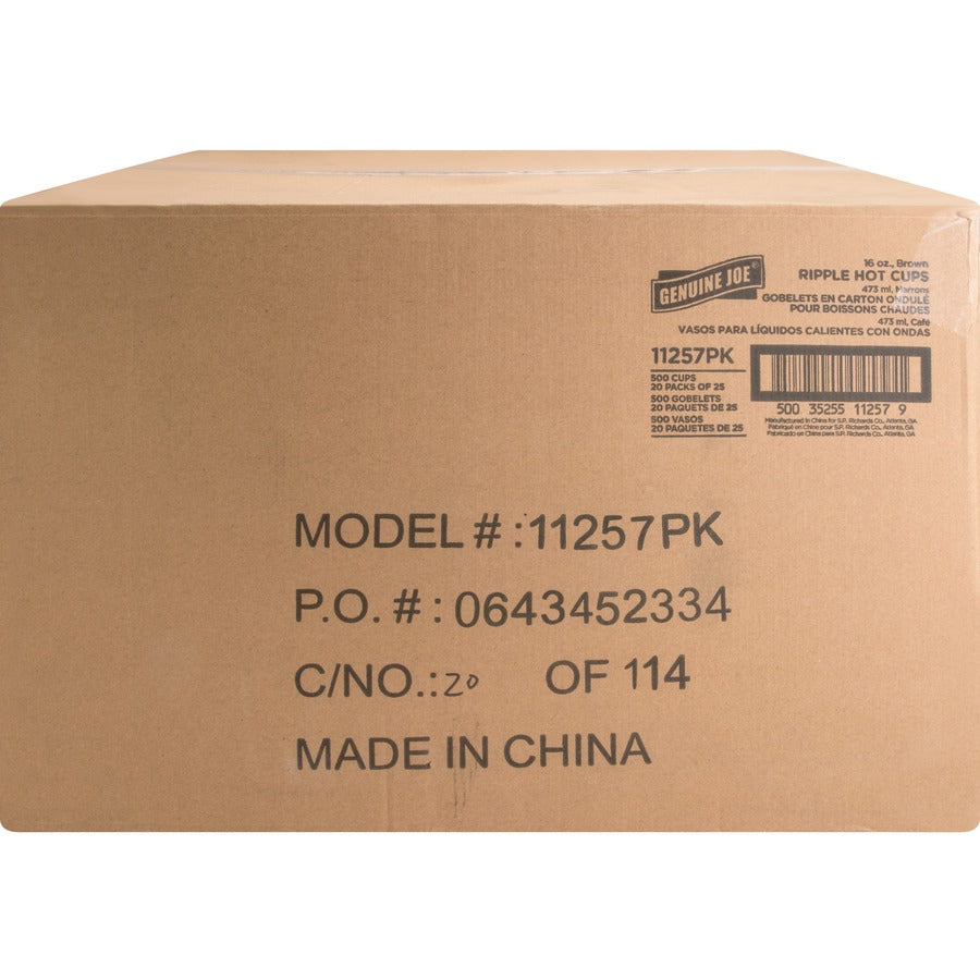 Genuine Joe 16 oz Rippled Hot Cups - fl - Brown - Drink Beverage - 25/Pack - 20 / Carton