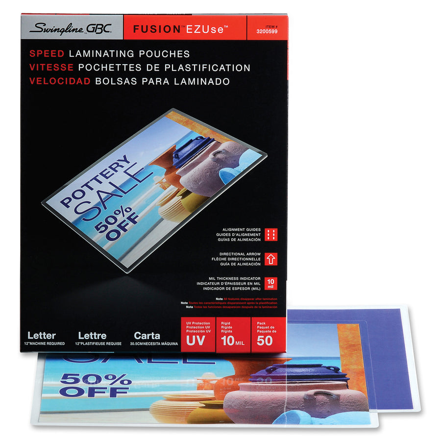 GBC Fusion EZUse Laminating Pouches - Sheet Size Supported: Letter - Laminating Pouch/Sheet Size: 8.50" Width x 11" Length x 10 mil Thickness - Glossy - for Document - UV Resistant, Fade Resistant - Clear - 50 / Box