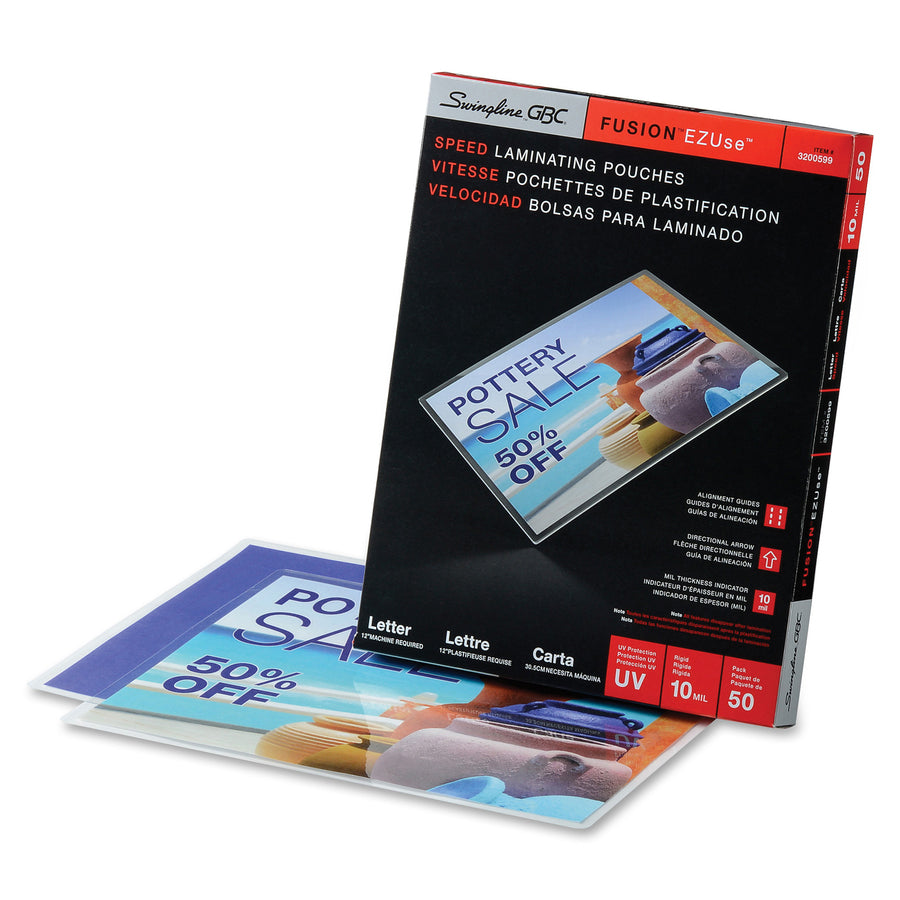 GBC Fusion EZUse Laminating Pouches - Sheet Size Supported: Letter - Laminating Pouch/Sheet Size: 8.50" Width x 11" Length x 10 mil Thickness - Glossy - for Document - UV Resistant, Fade Resistant - Clear - 50 / Box