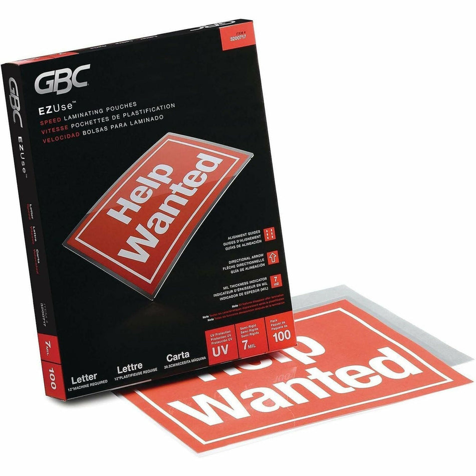GBC Fusion EZUse Laminating Pouches - Sheet Size Supported: Letter - Laminating Pouch/Sheet Size: 8.50" Width x 11" Length x 7 mil Thickness - Glossy - for Document - UV Resistant, Fade Resistant - Clear - 100 / Box
