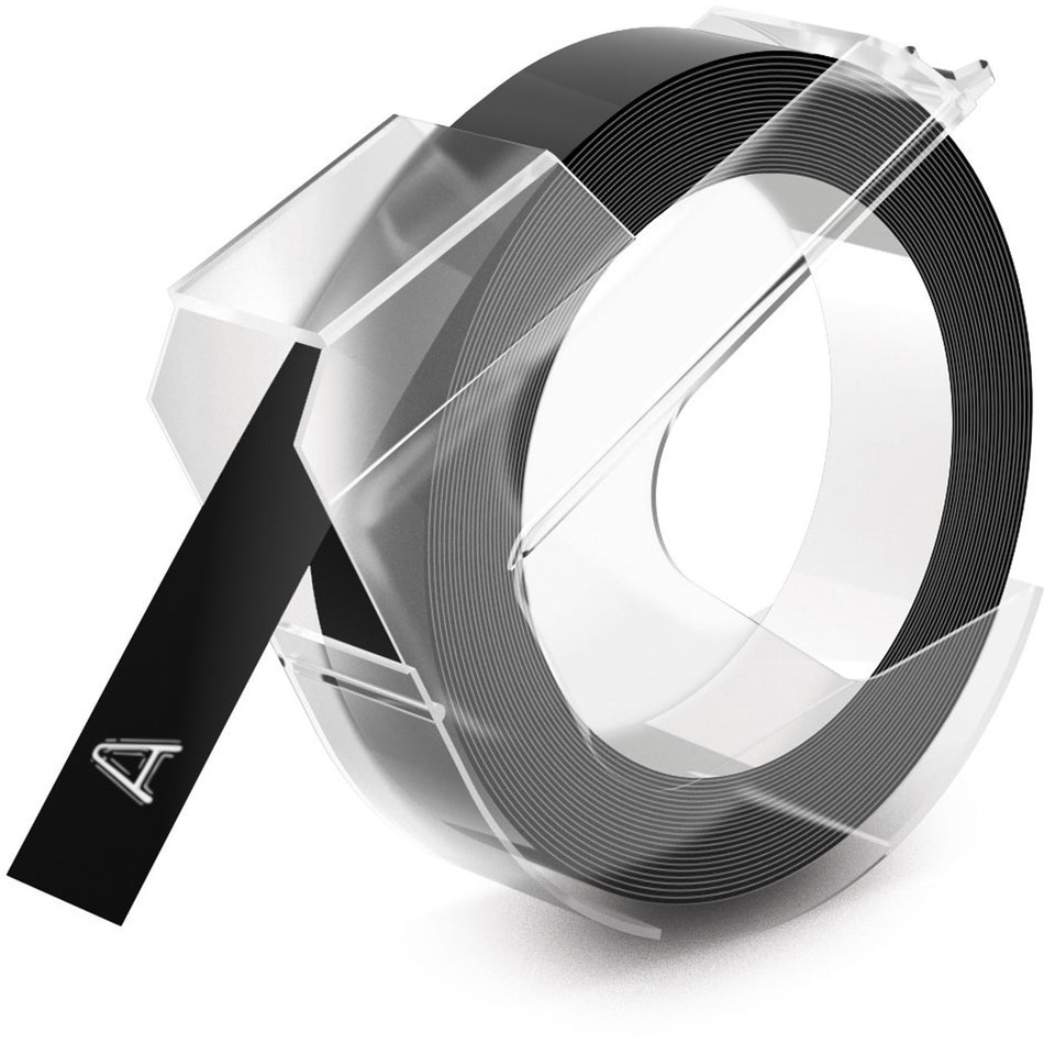 Dymo LT Embossing Labels 3/8" - 3/8" Width x 12 ft Length - Rectangle - Glossy - Black - Self-adhesive - 1 Roll