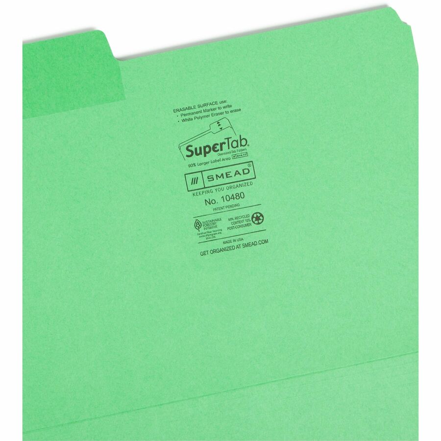 Smead SuperTab 1/3 Tab Cut Letter Recycled Top Tab File Folder - 8 1/2" x 11" - Top Tab Location - Assorted Tab Position - 11 pt. - 1 Plys - Blue, Red, Green, Yellow - Durable - 10% Paper Recycled - 24 / Pack