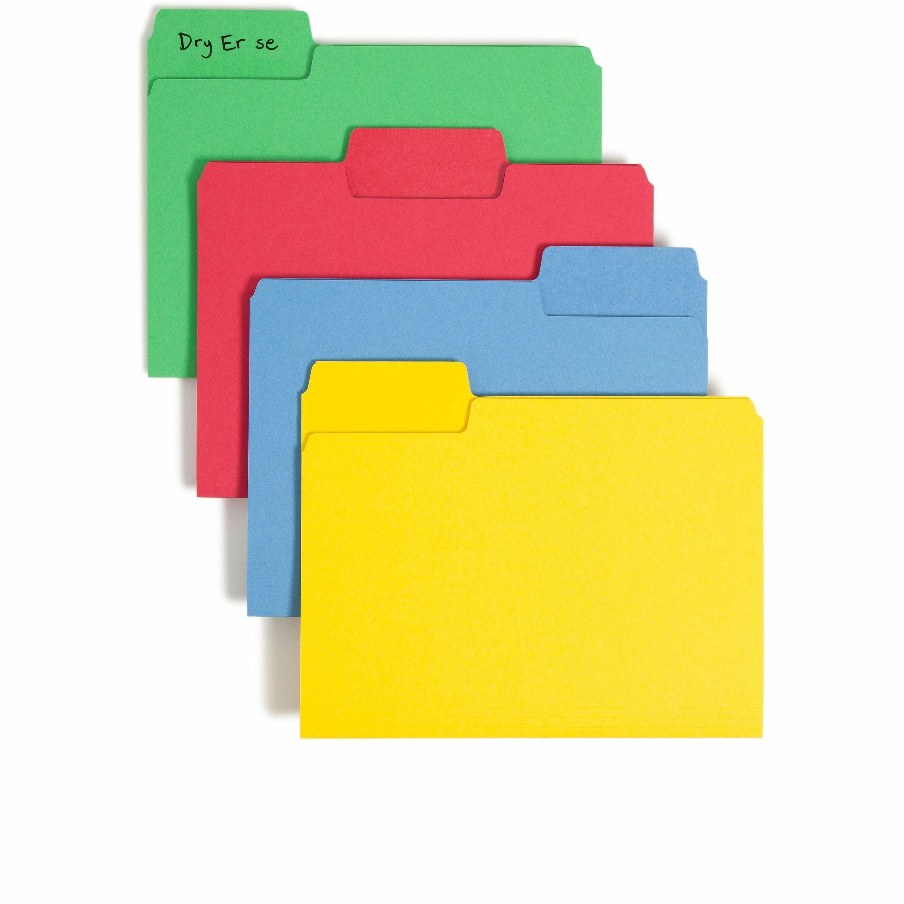 Smead SuperTab 1/3 Tab Cut Letter Recycled Top Tab File Folder - 8 1/2" x 11" - Top Tab Location - Assorted Tab Position - 11 pt. - 1 Plys - Blue, Red, Green, Yellow - Durable - 10% Paper Recycled - 24 / Pack