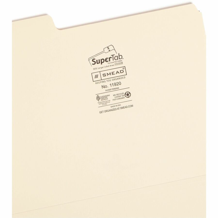 Smead SuperTab 1/3 Tab Cut Letter Recycled Top Tab File Folder - 8 1/2" x 11" - Assorted Tab Position - 11 pt. - 1 Plys - Manila - Durable - 10% Paper Recycled - 24/Pack - 10 / Carton