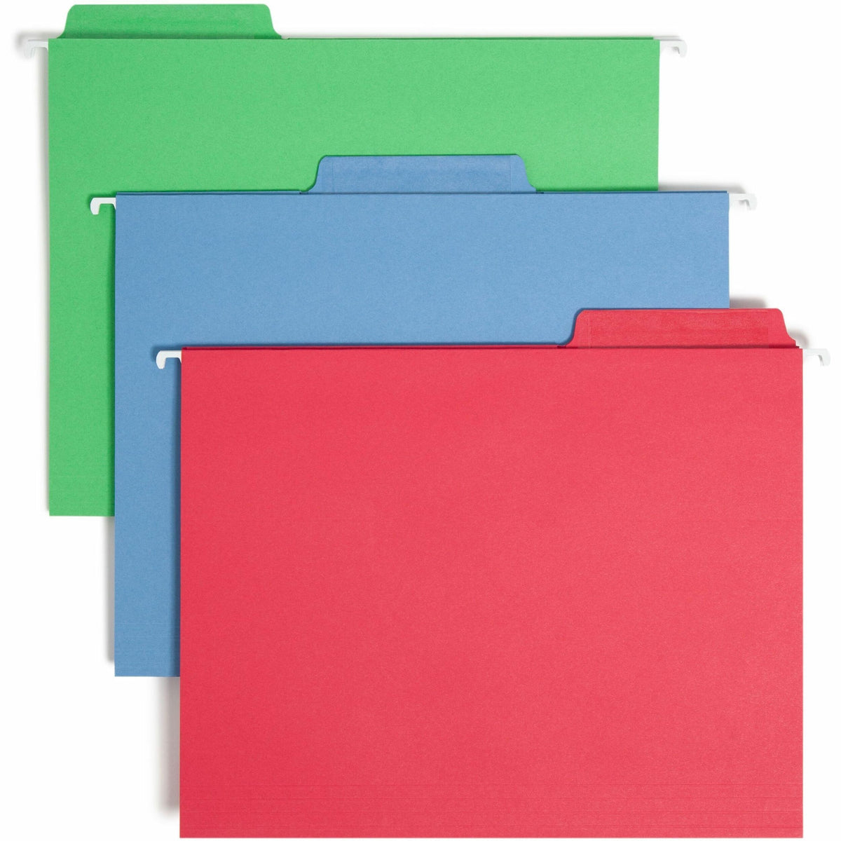 Smead FasTab 1/3 Tab Cut Letter Recycled Hanging Folder - 8 1/2" x 11" - Top Tab Location - Assorted Tab Position - 11 pt. - 2 Plys - Blue, Green, Red - Reinforced Tab - 10% Paper Recycled - 18 / Box