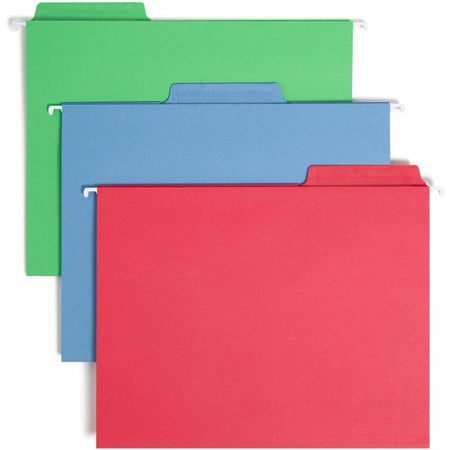 Smead FasTab 1/3 Tab Cut Letter Recycled Hanging Folder - 8 1/2" x 11" - Top Tab Location - Assorted Tab Position - 11 pt. - 2 Plys - Blue, Green, Red - Reinforced Tab - 10% Paper Recycled - 18 / Box