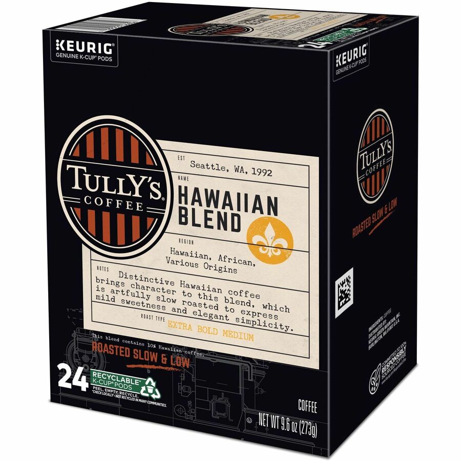 Tully's K-Cup, Pod Hawaiian Blend Keurig Single-Serve K-Cup Pods, Medium Roast Coffee, 24 Count - Compatible with Keurig K-Cup Brewer - Regular - Extra Bold Medium - 9.6 oz - 24 K-Cup - K-Cup, Pod - Hawaiian Blend - Kosher - 24 / Pack