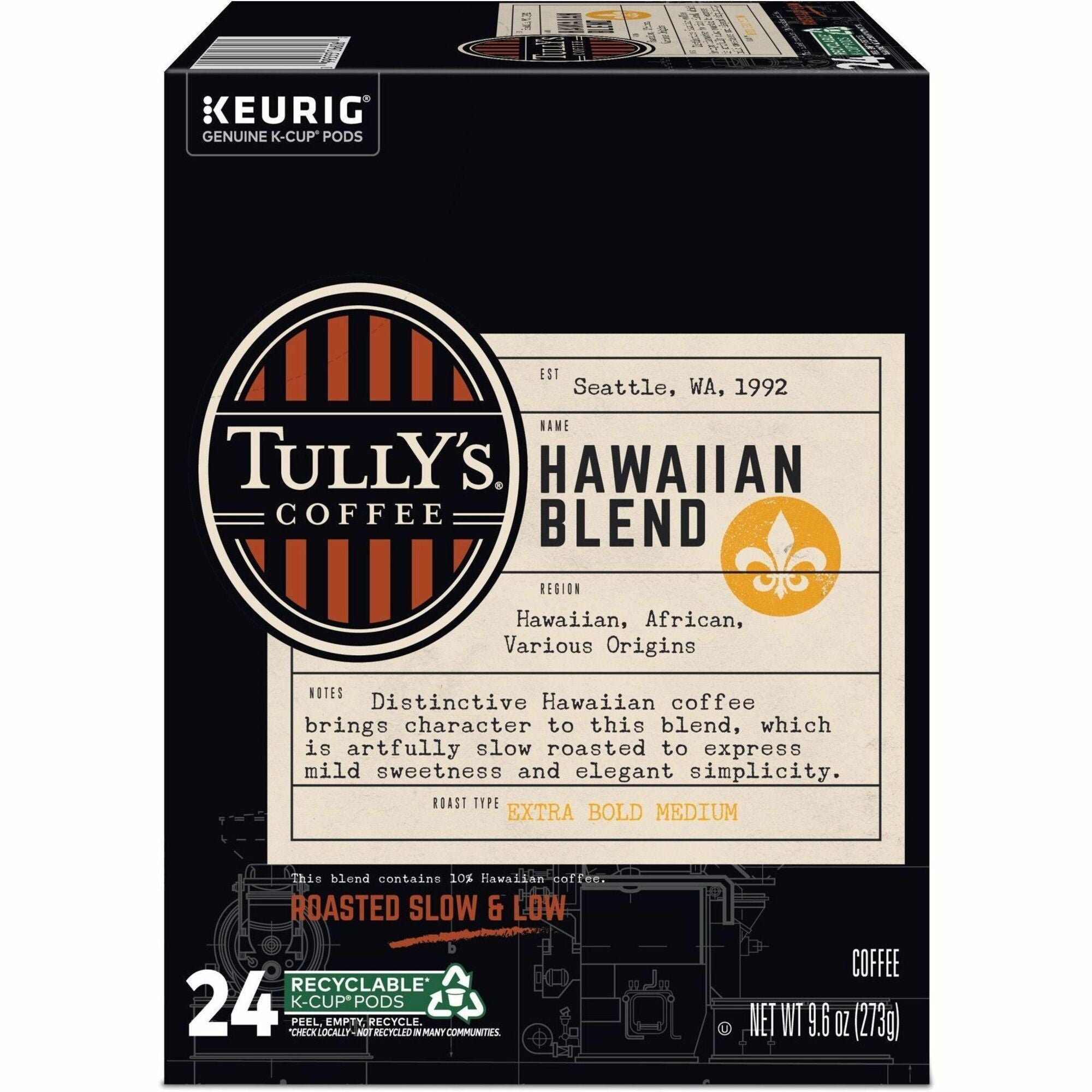 Tully's K-Cup, Pod Hawaiian Blend Keurig Single-Serve K-Cup Pods, Medium Roast Coffee, 24 Count - Compatible with Keurig K-Cup Brewer - Regular - Extra Bold Medium - 9.6 oz - 24 K-Cup - K-Cup, Pod - Hawaiian Blend - Kosher - 24 / Pack