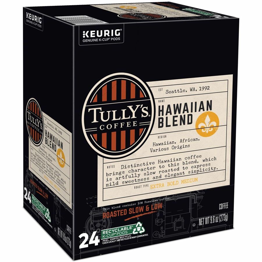 Tully's K-Cup, Pod Hawaiian Blend Keurig Single-Serve K-Cup Pods, Medium Roast Coffee, 24 Count - Compatible with Keurig K-Cup Brewer - Regular - Extra Bold Medium - 9.6 oz - 24 K-Cup - K-Cup, Pod - Hawaiian Blend - Kosher - 24 / Pack