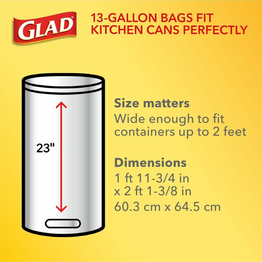 Glad ForceFlex Tall Kitchen Drawstring Trash Bags - 13 gal Capacity - 27" Length x 24" Width x 9 mil (229 Micron) Thickness - Drawstring Closure - White - Plastic - Kitchen, Office, Day Care, Restaurant, School - 100 / Box