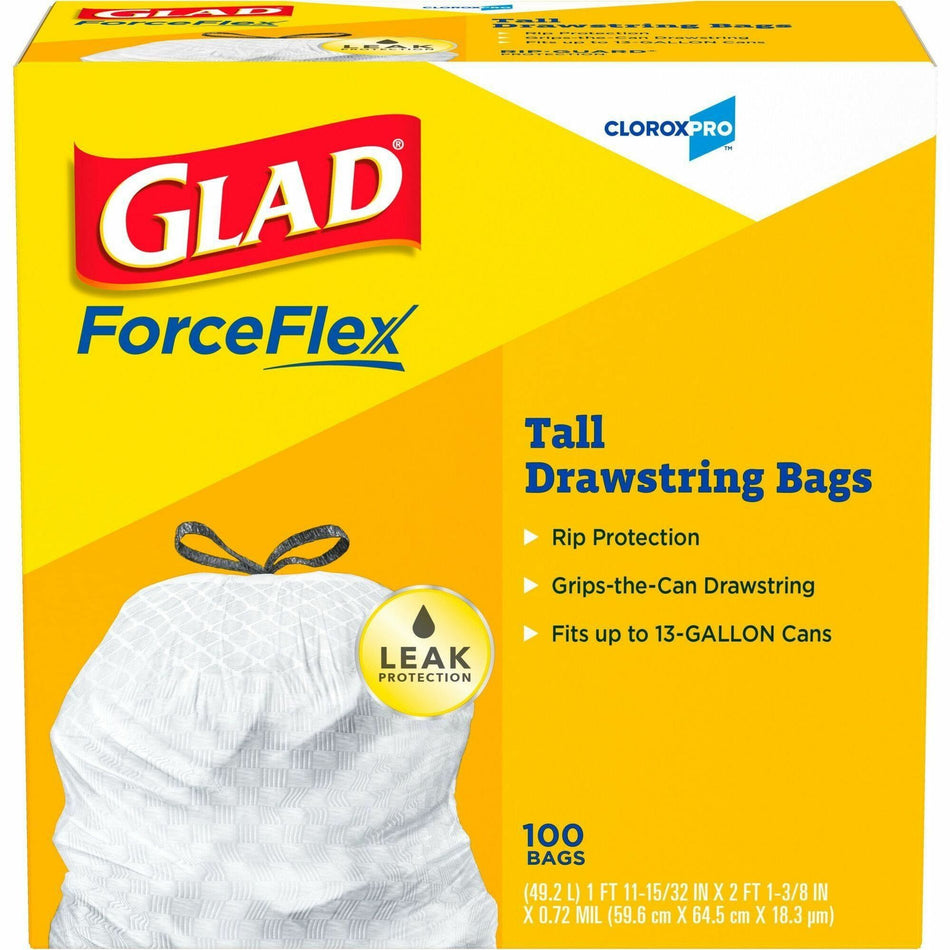 Glad ForceFlex Tall Kitchen Drawstring Trash Bags - 13 gal Capacity - 27" Length x 24" Width x 9 mil (229 Micron) Thickness - Drawstring Closure - White - Plastic - Kitchen, Office, Day Care, Restaurant, School - 100 / Box