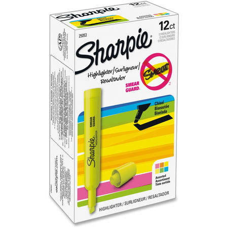 Sharpie SmearGuard Tank Style Highlighters - Chisel Marker Point - Fluorescent Yellow, Yellow, Fluorescent Green, Fluorescent Orange, Fluorescent Pink, Blue Ink - 12 / Set