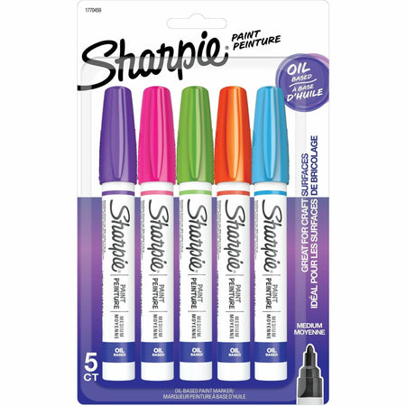 Sharpie Oil-Based Paint Marker - Medium Point - Medium Marker Point - Aqua, Orange, Lime Green, Pink, Purple Ink - Oil Based - 5 / Pack