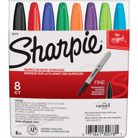 Sharpie Fine Point Permanent Marker - Fine Marker Point - Assorted Ink - Alcohol Based - 8 / Set