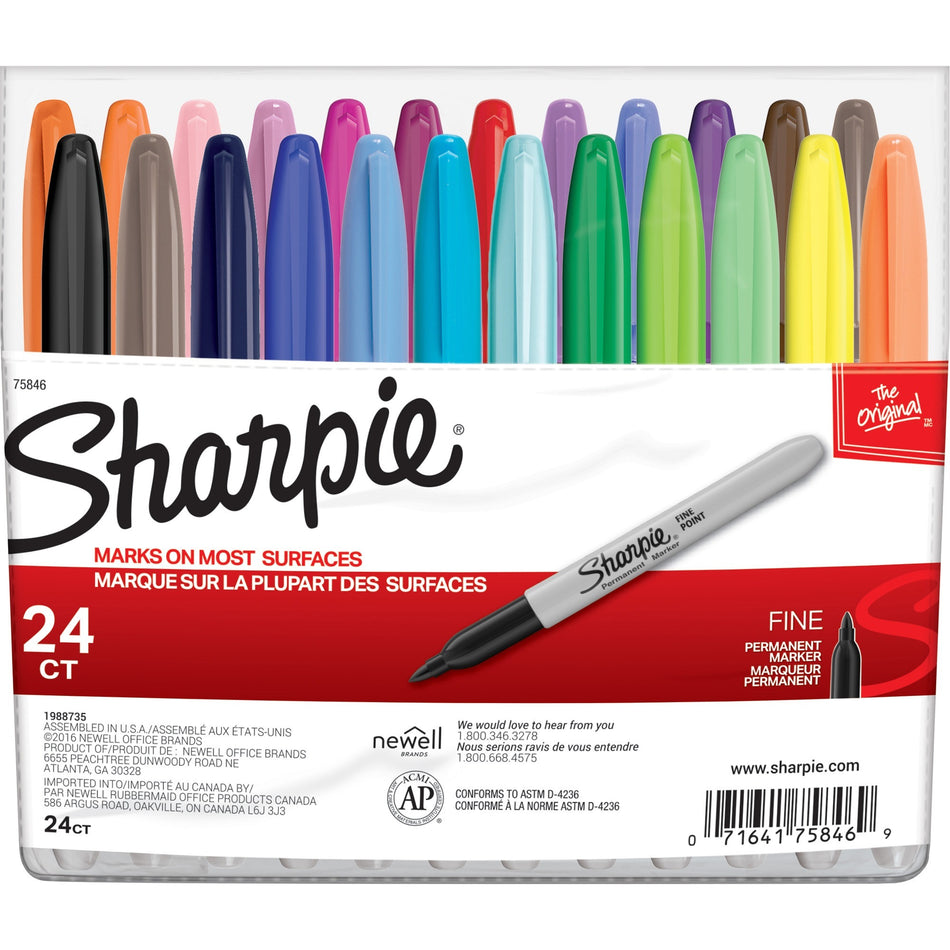 Sharpie Fine Point Permanent Marker - 1 mm Fine Marker Point - Black, Blue, Red, Green, Yellow, Purple, Brown, Orange, Berry, Lime, Aqua, ... Ink - Alcohol Based - 24 / Set