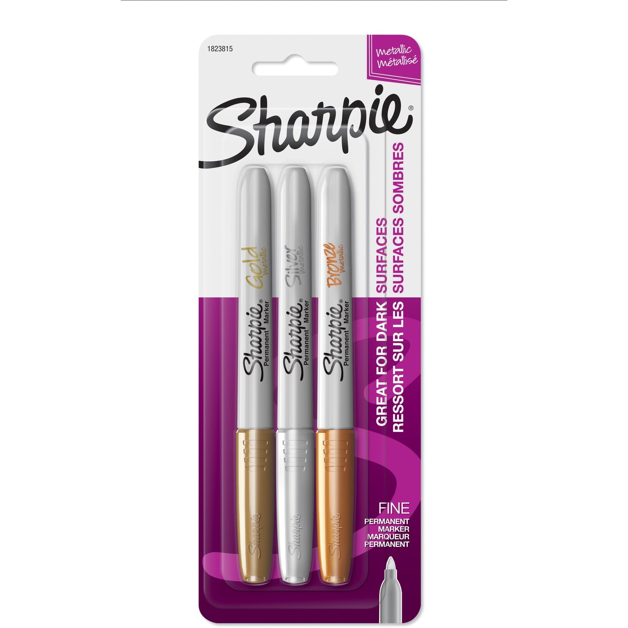 Sharpie Metallic Fine Point Permanent Marker - Fine Marker Point - Gold, Silver, Bronze Ink - Alcohol Based - 3 / Set