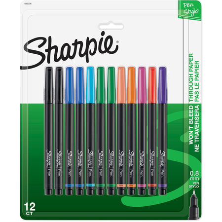Sharpie Pen - Fine Point - Fine Pen Point - Black, Blue, Turquoise, Green, Clover, Orange, Hot Pink, Red, Purple, Coral Ink - Black Barrel - 12 / Pack