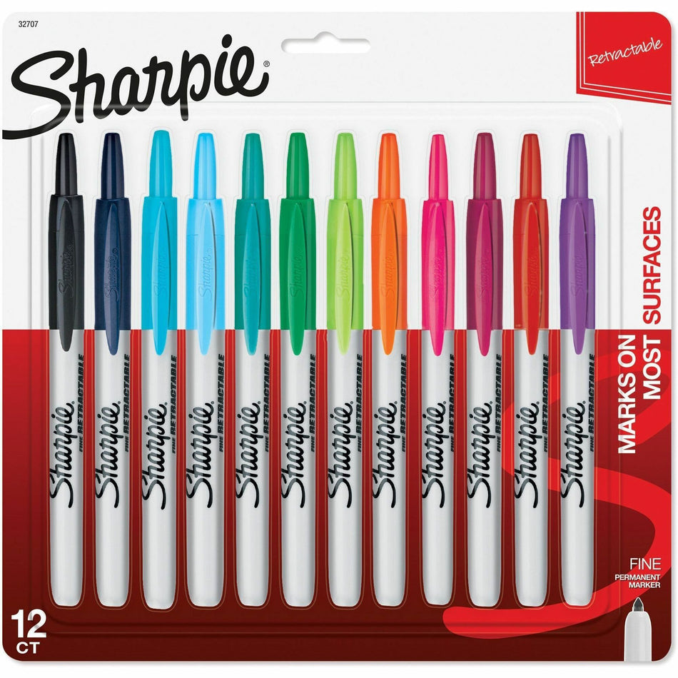 Sharpie Retractable Fine Point Permanent Marker - Fine Marker Point - Retractable - Aqua, Berry, Black, Blue, Green, Lime, Navy, Orange, Plum, Purple, Red, ... Ink - 12 / Set