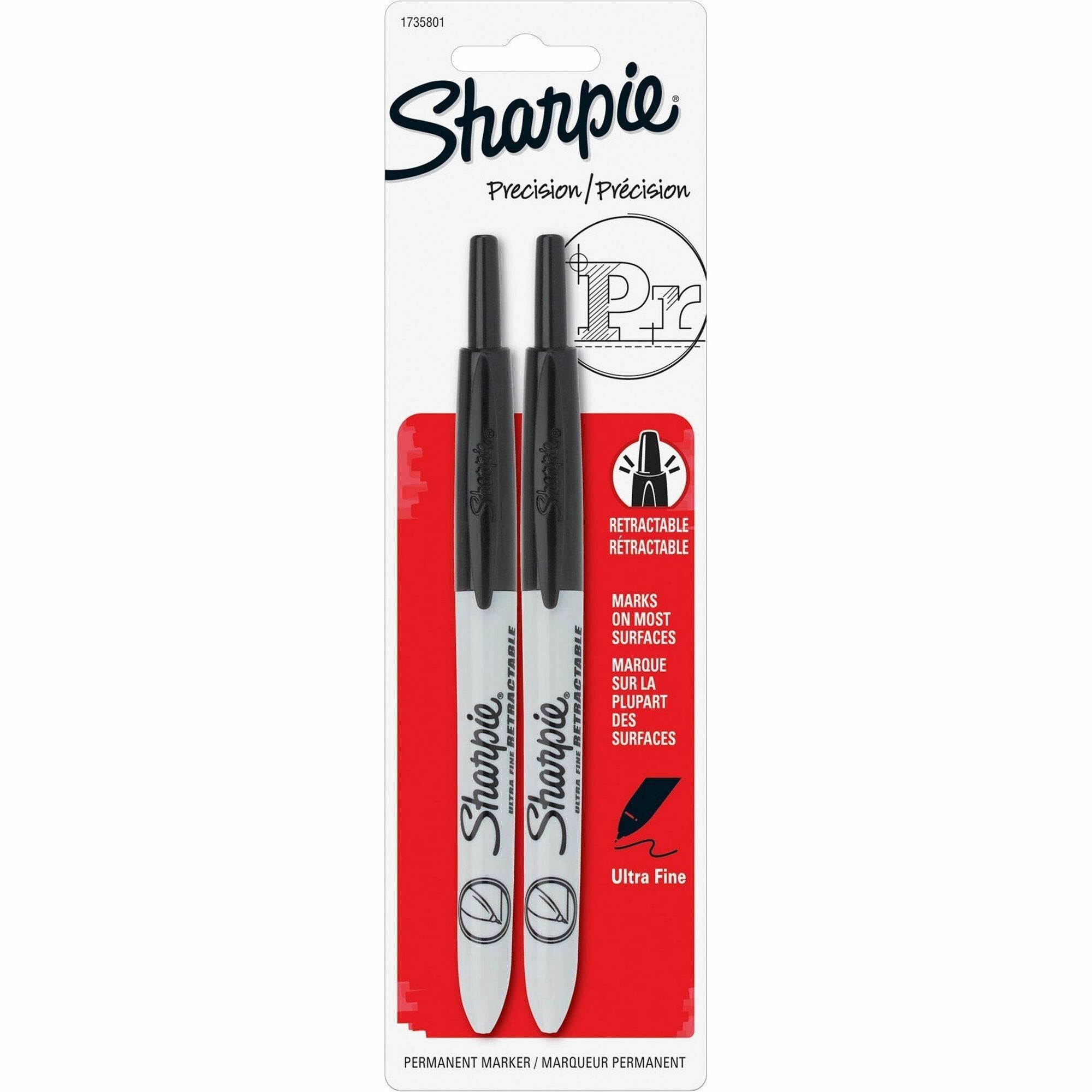 Sharpie Retractable Ultra-Fine Point Permanent Markers - Ultra Fine Marker Point - Retractable - Black Ink - 2 / Pack