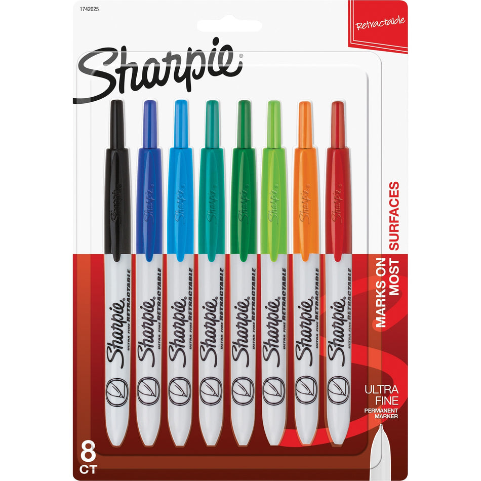 Sharpie Retractable Ultra Fine Point Permanent Marker - Ultra Fine Marker Point - Retractable - Aqua, Black, Blue, Green, Lime, Red, Tangerine, Turquoise Ink - 8 / Set