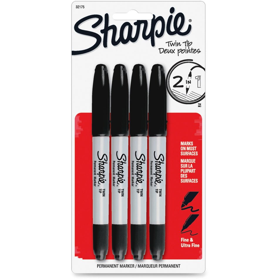 Sharpie Twin Tip Permanent Markers - Fine, Ultra Fine Marker Point - Black Ink - Alcohol Based - 4 / Pack
