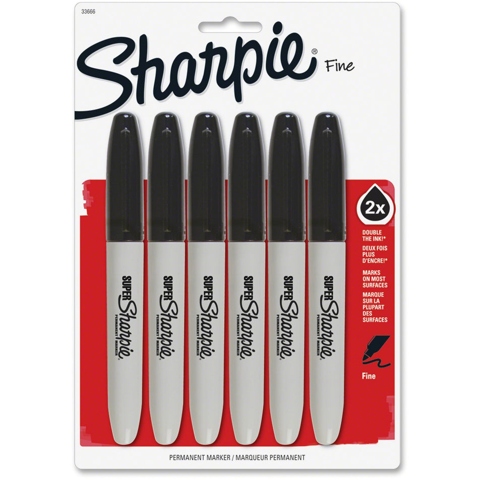 Sharpie Super Permanent Marker - Bold, Fine Marker Point - Black Ink - Plastic Barrel - 6 / Pack