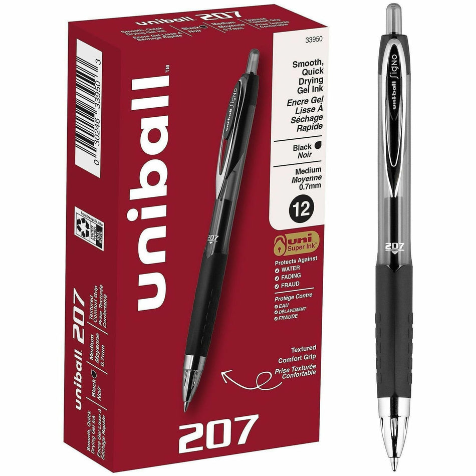 uniball&#8482; 207 Gel Pen - 0.7 mm Medium Conical Pen Point - Refillable - Retractable - Black Ink - Pigment-based - Translucent Barrel - 1 Dozen