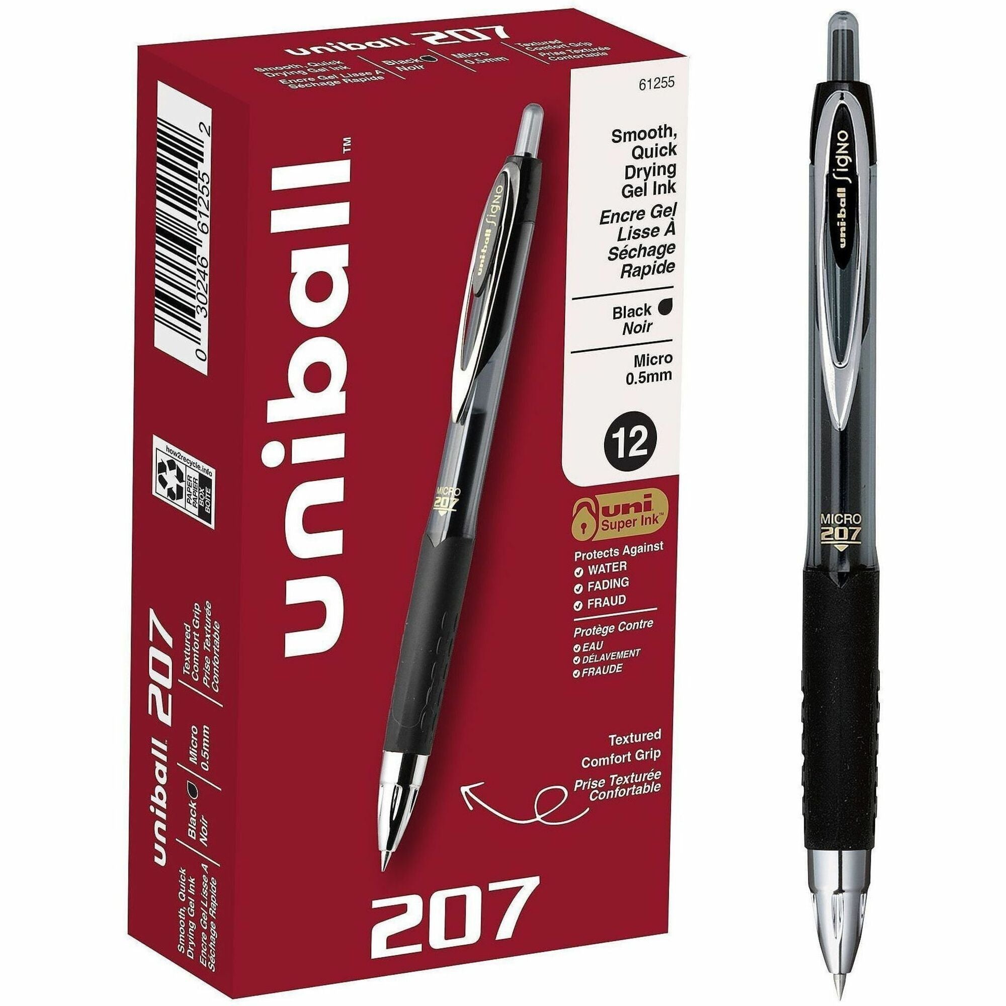 uniball&#8482; 207 Gel Pen - 0.5 mm Micro Pen Point - Refillable - Retractable - Black Ink - Pigment-based - 1 Dozen