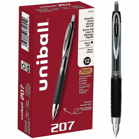 uniball&#8482; 207 Gel Pen - 0.5 mm Micro Pen Point - Refillable - Retractable - Black Ink - Pigment-based - 1 Dozen