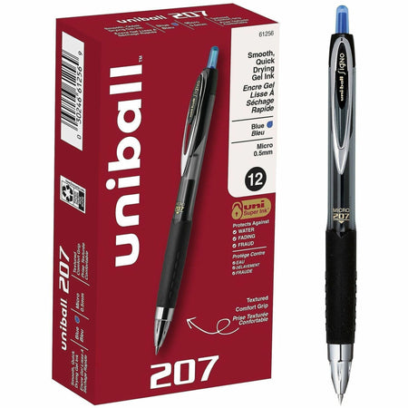 uniball&#8482; 207 Gel Pen - 0.5 mm Micro Pen Point - Refillable - Retractable - Blue Ink - Pigment-based - 1 Dozen