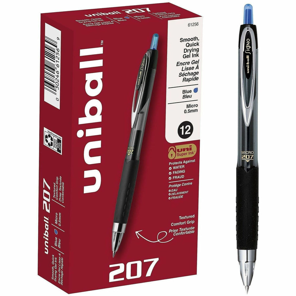 uniball&#8482; 207 Gel Pen - 0.5 mm Micro Pen Point - Refillable - Retractable - Blue Ink - Pigment-based - 1 Dozen