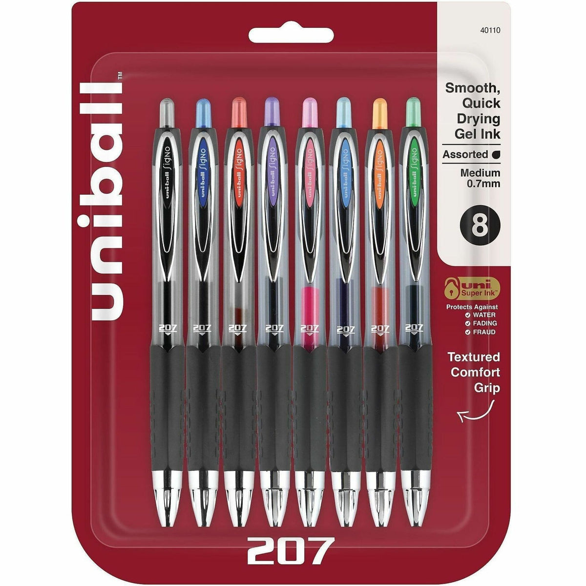 uniball&#8482; 207 Gel Pen - 0.7 mm Medium Conical Pen Point - Refillable - Retractable - Black, Blue, Green, Light Blue, Orange, Pink, Purple, Red Ink - Pigment-based - 8 / Set