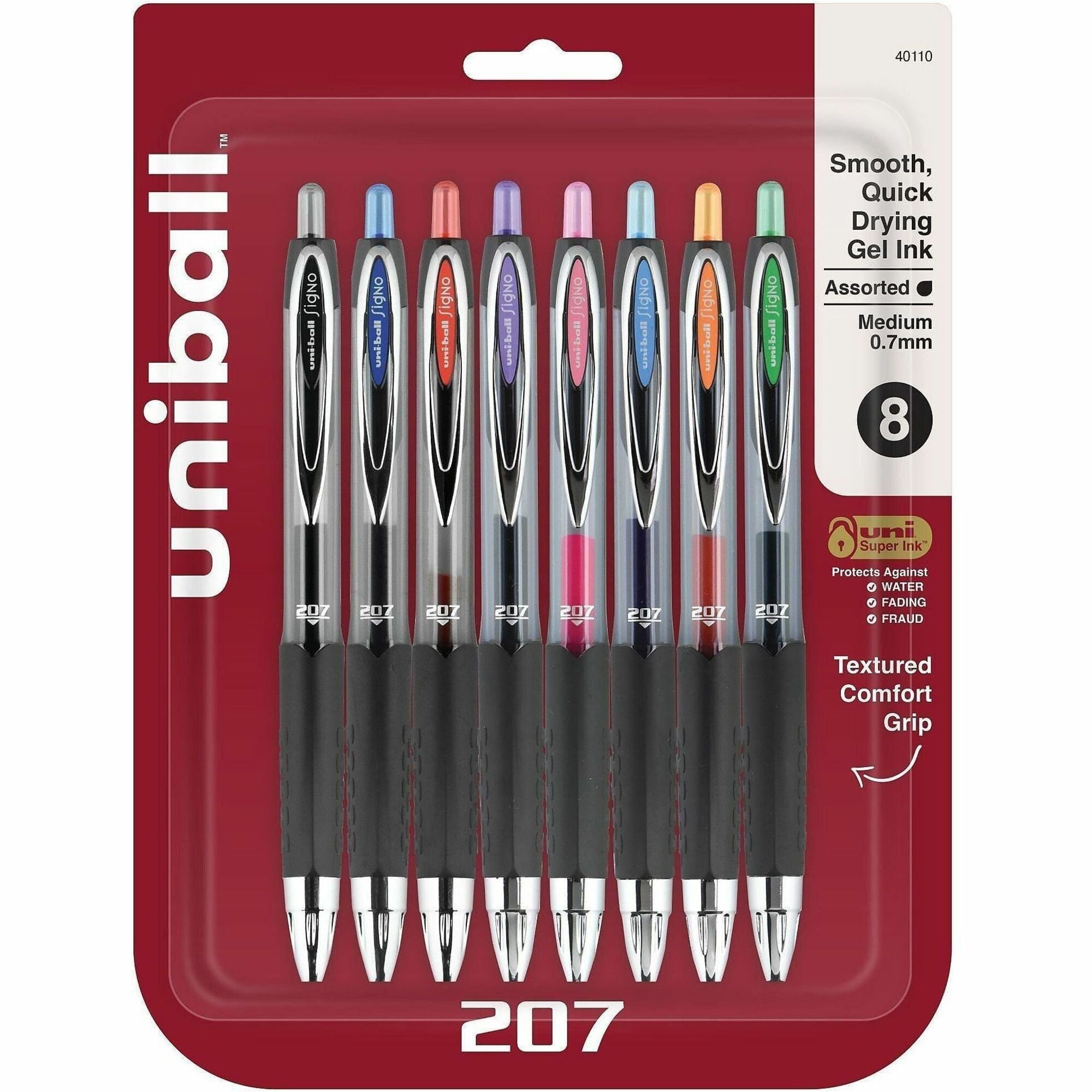 uniball&#8482; 207 Gel Pen - 0.7 mm Medium Conical Pen Point - Refillable - Retractable - Black, Blue, Green, Light Blue, Orange, Pink, Purple, Red Ink - Pigment-based - 8 / Set