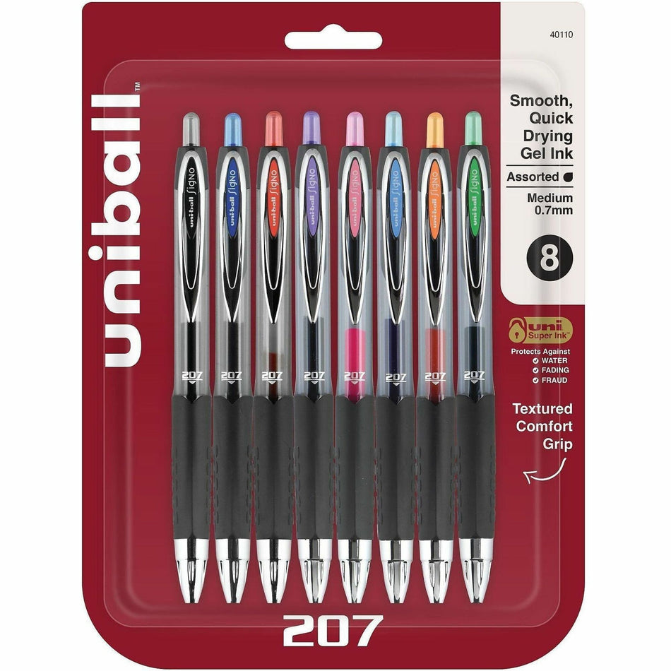 uniball&#8482; 207 Gel Pen - 0.7 mm Medium Conical Pen Point - Refillable - Retractable - Black, Blue, Green, Light Blue, Orange, Pink, Purple, Red Ink - Pigment-based - 8 / Set