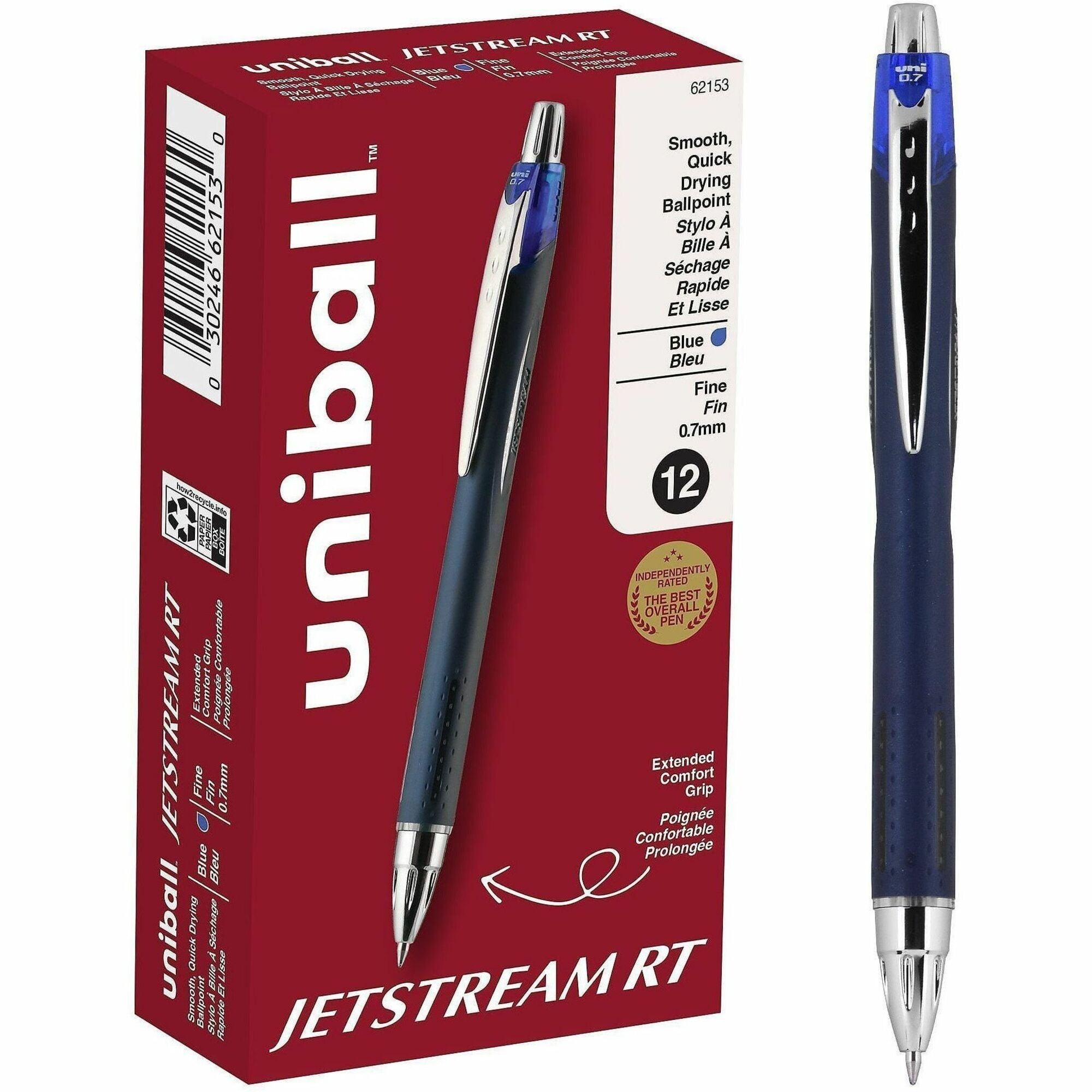 uniball&#8482; Jetstream RT Ballpoint Pen - 0.7 mm Fine Pen Point - Retractable - Blue Ink - Pigment-based - 1 Dozen