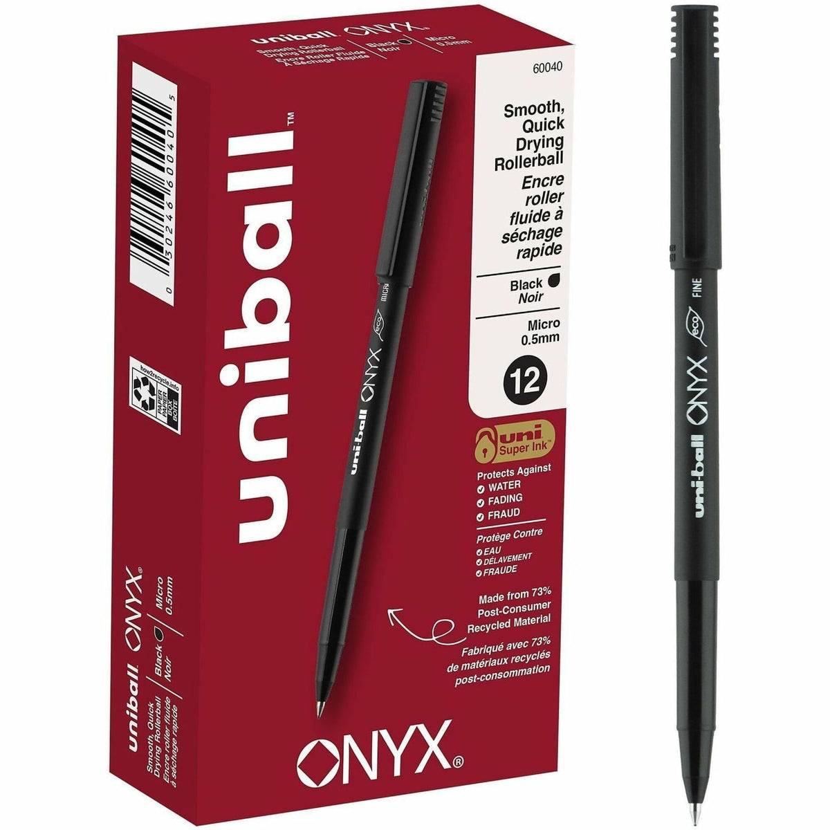 uniball&#8482; Onyx Rollerball Pens - 0.5 mm Micro Conical Pen Point - Black Ink - Dye-based - Matte Black Barrel - Metal Tip - 1 Dozen