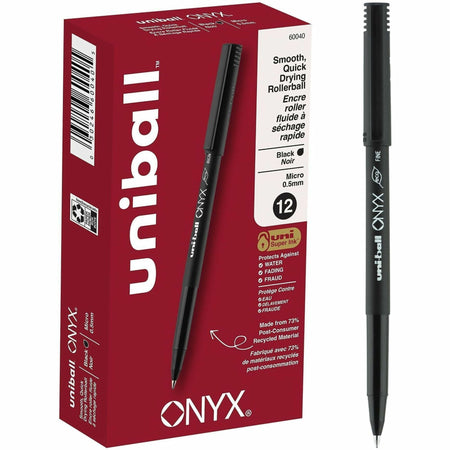 uniball&#8482; Onyx Rollerball Pens - 0.5 mm Micro Conical Pen Point - Black Ink - Dye-based - Matte Black Barrel - Metal Tip - 1 Dozen