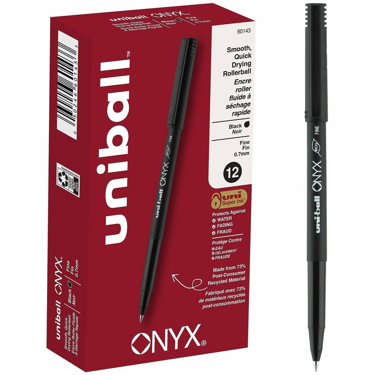uniball&#8482; Onyx Rollerball Pens - 0.7 mm Fine Conical Pen Point - Black Ink - Dye-based - Matte Black Barrel - Metal Tip - 1 Dozen