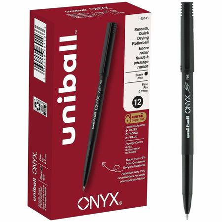 uniball&#8482; Onyx Rollerball Pens - 0.7 mm Fine Conical Pen Point - Black Ink - Dye-based - Matte Black Barrel - Metal Tip - 1 Dozen