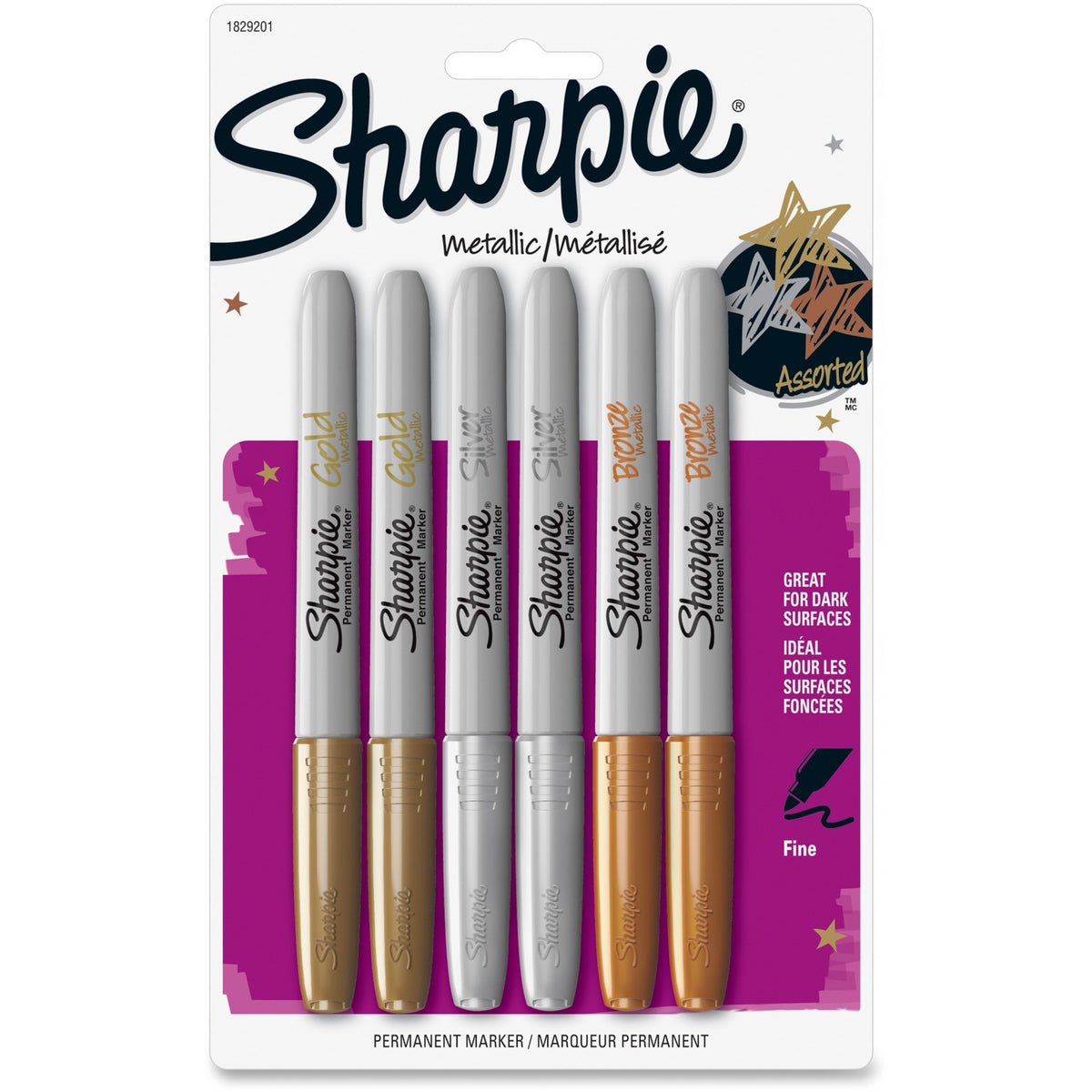 Sharpie Metallic Permanent Markers - Fine Marker Point - Assorted Ink - 6 / Pack